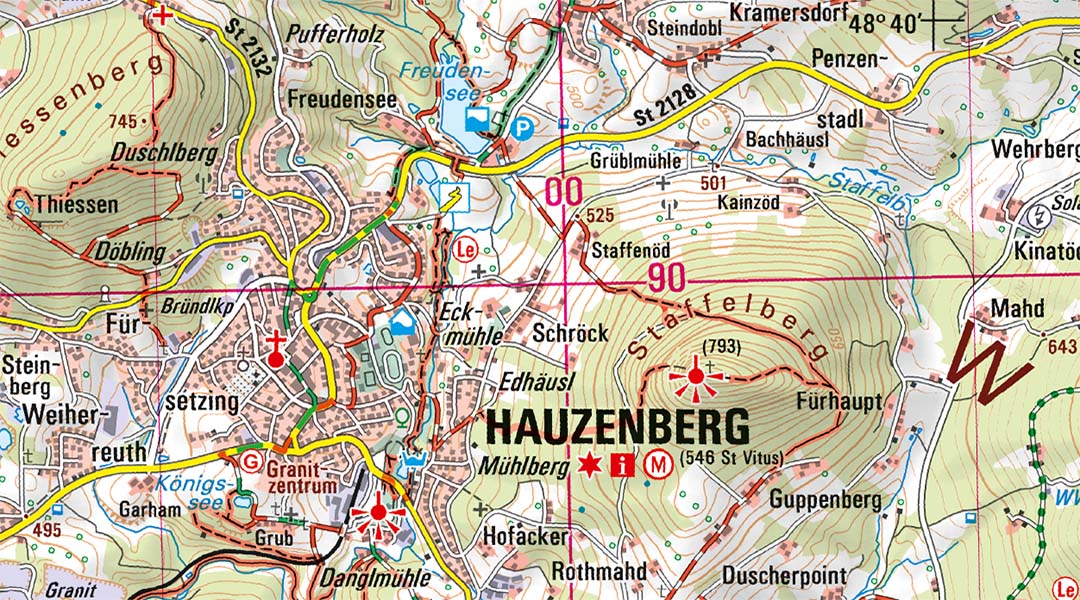 Ausschnitt einer topographischen Umgebungskarte rund um Haunzenberg.